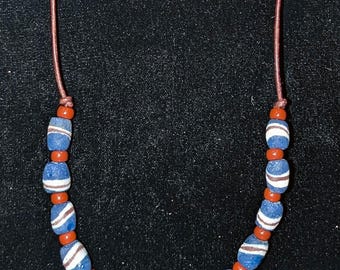 Unisex Recycled Glass Bead Necklace, Ghana Glass Beads on Leather Cord, Blue African Bead Necklace, Boho Artisan Jewelry