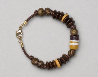 African Recycled Glass and Baoule Brass Bead Bracelet | Wood Disc Beads Accents|  Leather Cord Design| Handmade Boho Gift