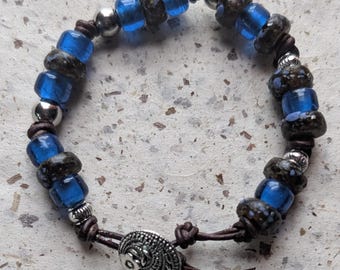 Handmade Czech & Recycled Glass Bead Bracelet|  Boho Unisex Leather Cord and Loop Accessory