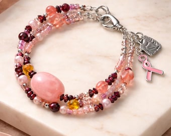 Multi Strand Beaded Bracelet with Ribbon and Heart Charms|Breast Cancer Awareness Bracelet|Pink and Red Gemstones