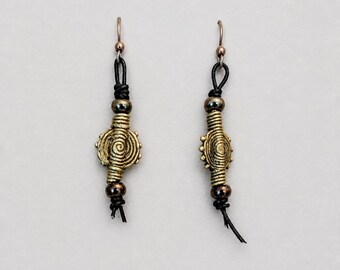 Handmade Baoule Charm Earrings, Antiqued Brass Leather Dangle Earrings, Tribal Boho Jewelry, Handmade Gift for Her
