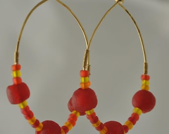Recycled Glass Krobo Bead Hoop Earrings, Gold Wire, African Jewelry