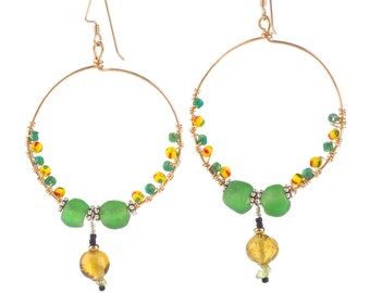 Green and Gold Boho Hoop Earrings| Ghana Recycled Glass and Trade Beads| Unique Handmade Gift for Her
