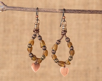 Rustic Leather Hoop Earrings with Recycled Glass Beads & Copper Heart Charms | Boho Artisan Dangle Earrings