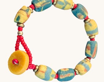 African Trade Bead Bracelet – Recycled Glass Krobo Beads with Button Loop Closure | Handmade Beaded Bracelet | Unisex Artisan Jewelry