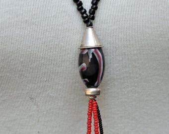 Long Seed Bead Necklace with Pendant, Boho Earring Matching Set, Red Black Beadwork Design, Accent Bead Fringe, Unique Statement Piece