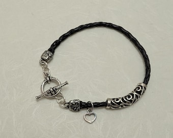 Black Leather Cord Bracelet with Silver Toggle Clasp | Boho Minimalist Jewelry | Heart Charm Accent