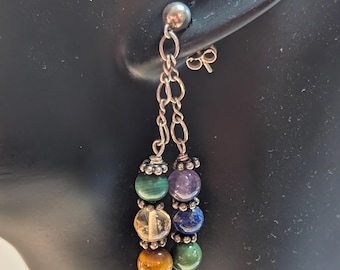 Multi Gemstone Dangle Earrings|Boho Chakra Style Jewelry| Colorful Beaded Drops|Handmade OOAK Statement Pair