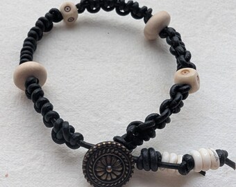 Unisex Leather Macrame Bracelet, Rustic Boho Jewelry, Bone and Glass Beads, Bronze Button Closure