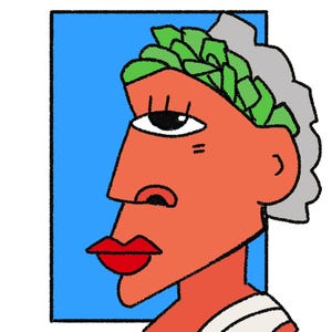 Op de afbeelding: Een gestileerde illustratie van een buste in profiel, met een rood-oranje gezicht, een enkel oog, rode lippen en een groene lauwerkrans. De achtergrond is een blauwe rechthoek en de buste draagt een wit en grijs kledingstuk. Het kunstwerk heeft een moderne, cartoonachtige stijl.