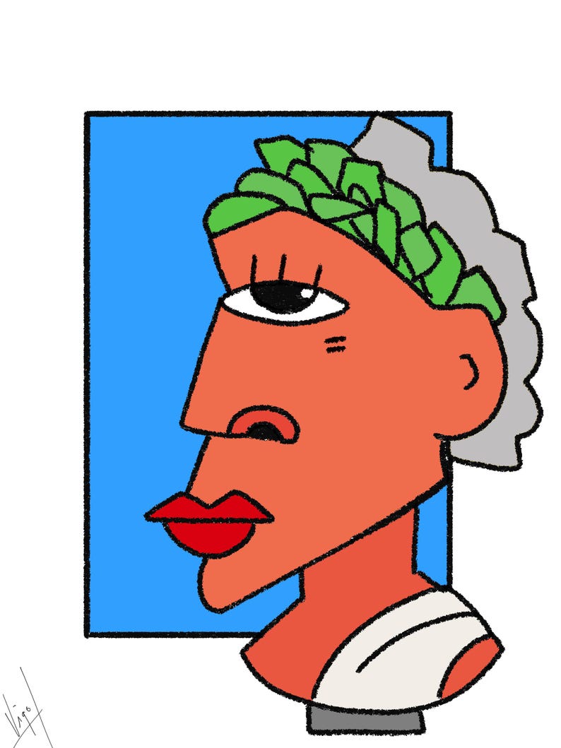 Op de afbeelding: Een gestileerde illustratie van een buste in profiel, met een rood-oranje gezicht, een enkel oog, rode lippen en een groene lauwerkrans. De achtergrond is een blauwe rechthoek en de buste draagt een wit en grijs kledingstuk. Het kunstwerk heeft een moderne, cartoonachtige stijl.