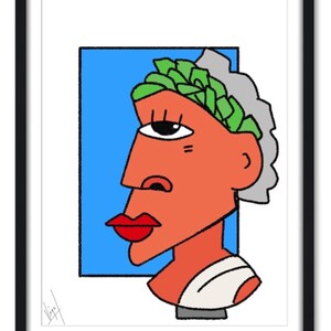 Op de afbeelding: Abstracte kunstprint met een gestileerd profiel in oranje, rood en wit, tegen een blauwe achtergrond. Het kunstwerk bevat een groene lauwerkrans en rode lippen, omlijst in zwart.