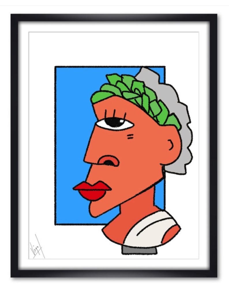 Op de afbeelding: Abstracte kunstprint met een gestileerd profiel in oranje, rood en wit, tegen een blauwe achtergrond. Het kunstwerk bevat een groene lauwerkrans en rode lippen, omlijst in zwart.