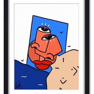 K&ouml;nnte beinhalten: Abstrakter Kunstdruck in einem schwarzen Rahmen. Das Kunstwerk zeigt ein Gesicht mit orangefarbenen und roten Formen, einem blauen Hintergrund und einer beigen Form. Das Gesicht hat zwei Augen und rote Lippen. Die Signatur des K&uuml;nstlers "Vigo" befindet sich in der unteren linken Ecke.