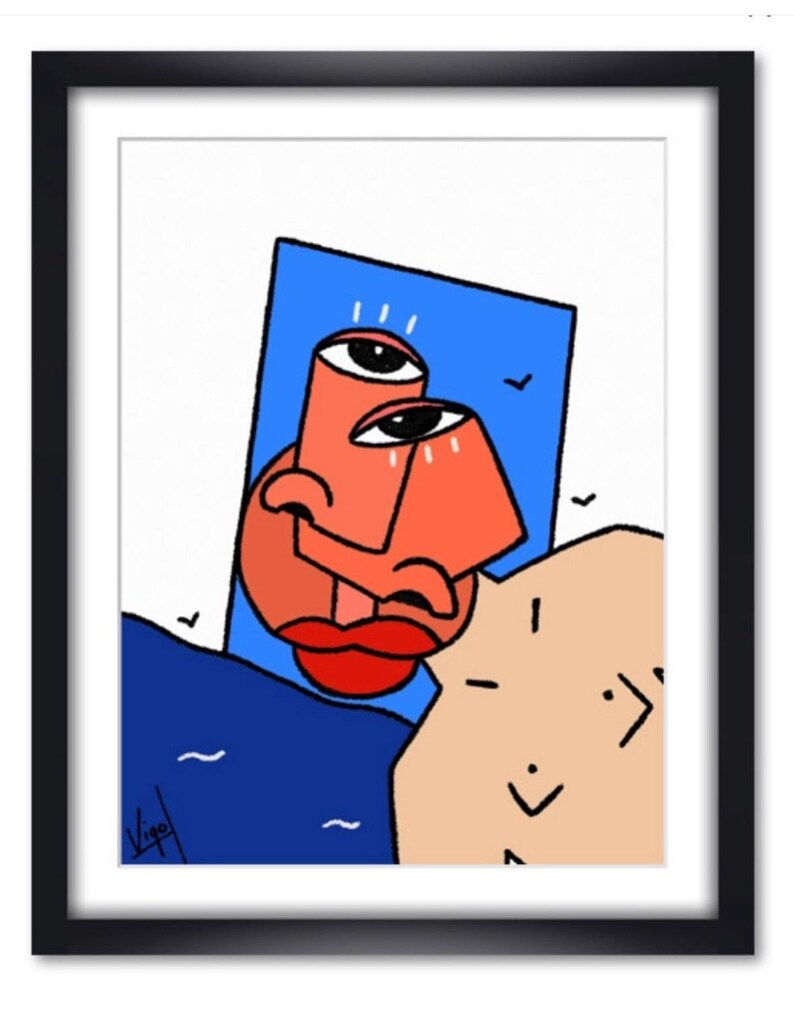 K&ouml;nnte beinhalten: Abstrakter Kunstdruck in einem schwarzen Rahmen. Das Kunstwerk zeigt ein Gesicht mit orangefarbenen und roten Formen, einem blauen Hintergrund und einer beigen Form. Das Gesicht hat zwei Augen und rote Lippen. Die Signatur des K&uuml;nstlers "Vigo" befindet sich in der unteren linken Ecke.