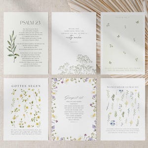 May include: Six white cards with floral designs and text. The cards feature various botanical illustrations, including sprigs, wildflowers, and delicate blooms in shades of green, yellow, and purple. The text is in a script font.