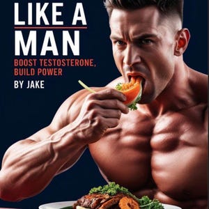 Puede incluir: Portada de libro con el título "EAT LIKE A MAN" en letras blancas sobre fondo azul oscuro. La imagen presenta a una persona musculosa comiendo una rodaja de melón. El texto debajo del título dice "BOOST TESTOSTERONE, BUILD POWER BY JAKE". Un plato de comida está en primer plano.
