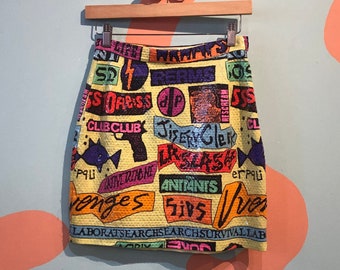 Vintage 80s STEPHEN SPROUSE Punk Rock Sticker Print Sequined Skirt