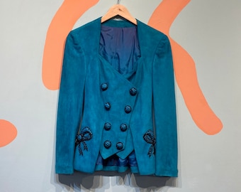 Vintage 80s Jean Claude Jitrois Teal Suede Double Breasted Waist Coat Blazer with Beaded Bows