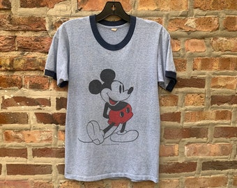 Vintage 70s Mickey Mouse Ringer Tee T-Shirt Size Small Blue Heather Walt Disney Productions Tropix Togs