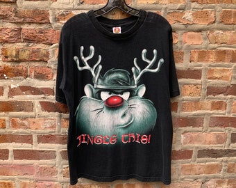 Vintage 90s TAZ Christmas T-Shirt Size Large Space Jam Jingle This Tasmanian Devil Looney Toons Merrie Melodies