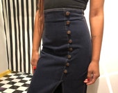 Vintage 90s Long Dark Denim Skirt Indigo Blue Jean Button Side Slit Below the Knee Pencil Cut size S 26 quot