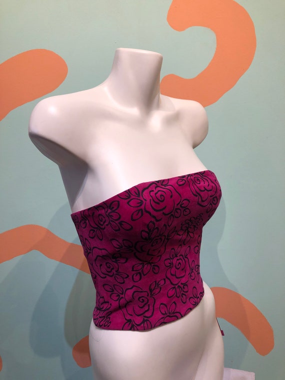 Vintage 80s Fuchsia Pink Suede Leather Floral Bust