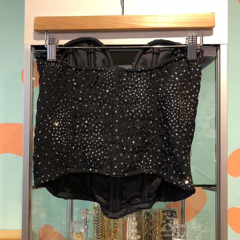 Vintage Jeune Europe Black Nylon Stretch Bustier Silver Glitter