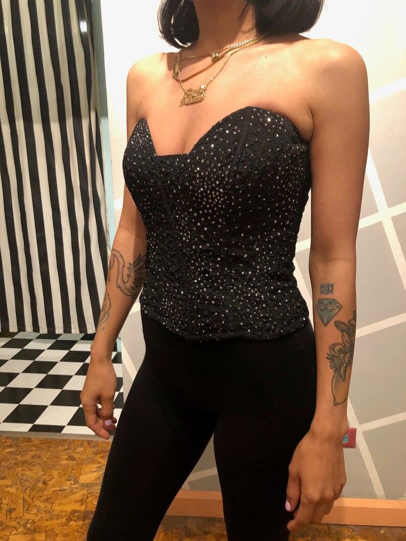 Vintage Jeune Europe Black Nylon Stretch Bustier Silver Glitter