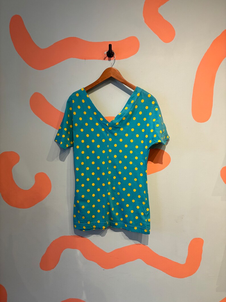 Vintage Benetton 80s Teal and Yellow Polka Dot Two Piece Shorts and T shirt Set 1980s Summer Outfit image 3