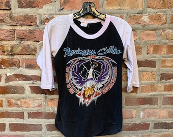 Vintage 1980 Rossington- Collins Band Live Jersey Raglan Tee T-Shirt Size Small Anytime Anyplace Anywhere Lynyrd Skynyrd Single Stitch