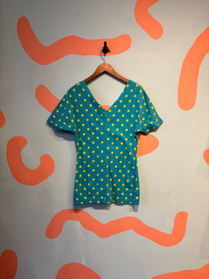Vintage Benetton 80s Teal and Yellow Polka Dot Two Piece Shorts and T shirt Set 1980s Summer Outfit image 2