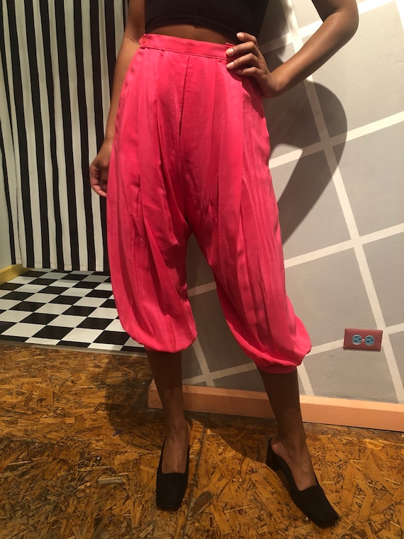 Vintage 80s Hot Pink Silk Jodhpur Harem Pants Crop