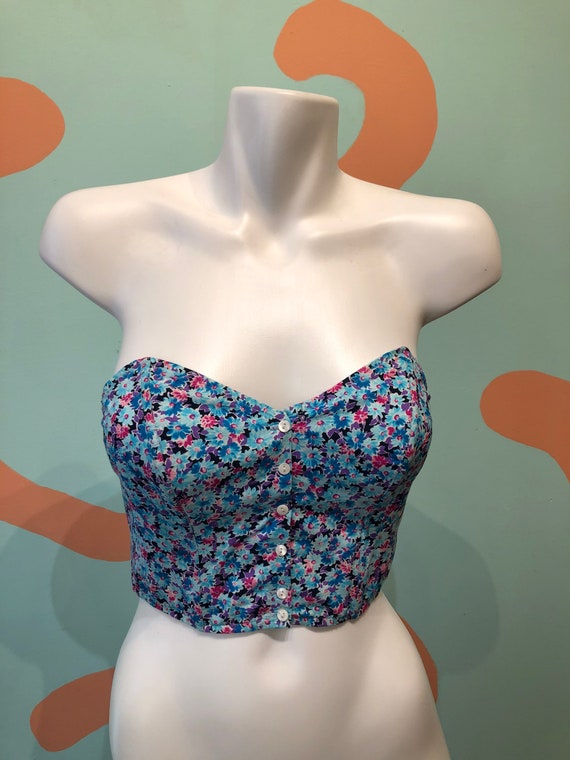 Vintage 80s Bright Blue Floral Cotton Bustier Tube