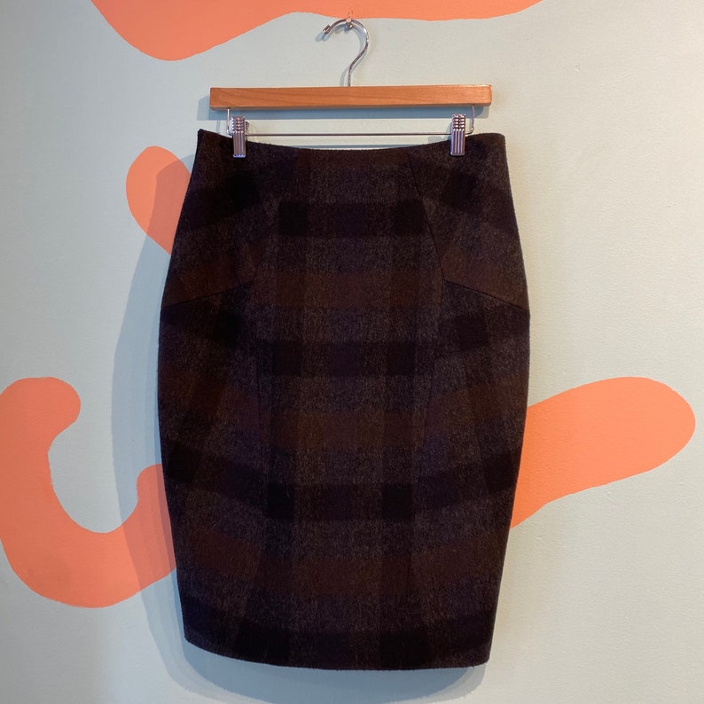 Vintage Jil Sander Wool Plaid Skirt / 1990s Pencil Skirt in Dark Colors size 40 image 5