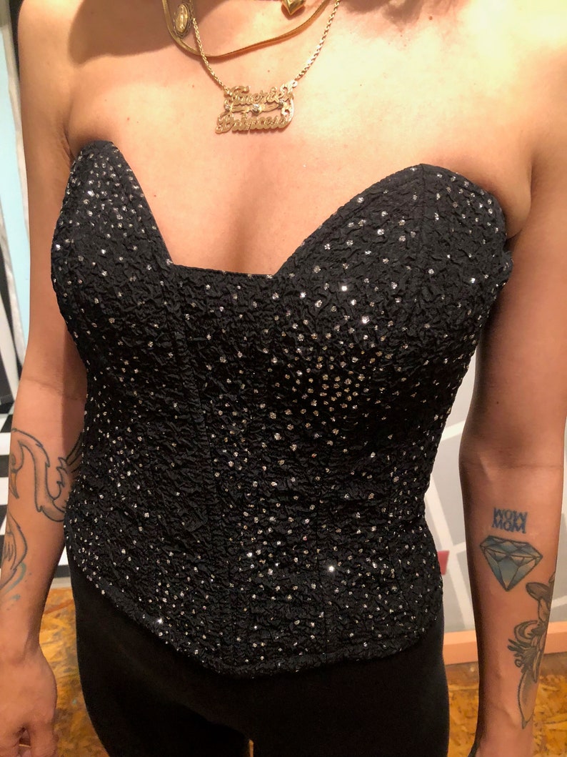 Vintage Jeune Europe Black Nylon Stretch Bustier Silver Glitter