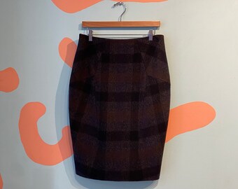 Vintage Jil Sander Wool Plaid Skirt / 1990s Pencil Skirt in Dark Colors size 40