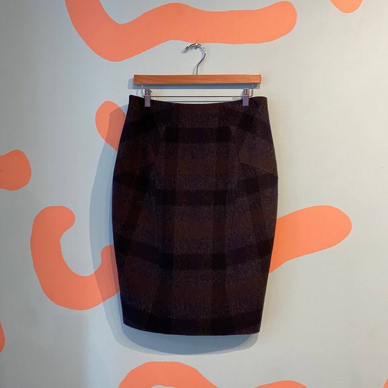 Vintage Jil Sander Wool Plaid Skirt / 1990s Pencil Skirt in Dark Colors size 40 image 1