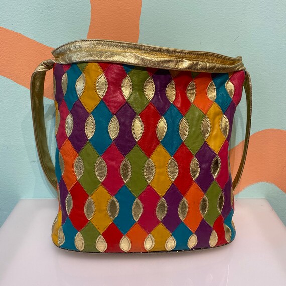 Vintage 80s Rainbow Patchwork Leather Harlequin Di
