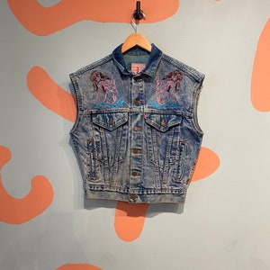 Vintage LEVIS Acid Wash Harley Davidson Embroidered Denim Jean Vest Biker Nude Woman Eagle Rider image 1