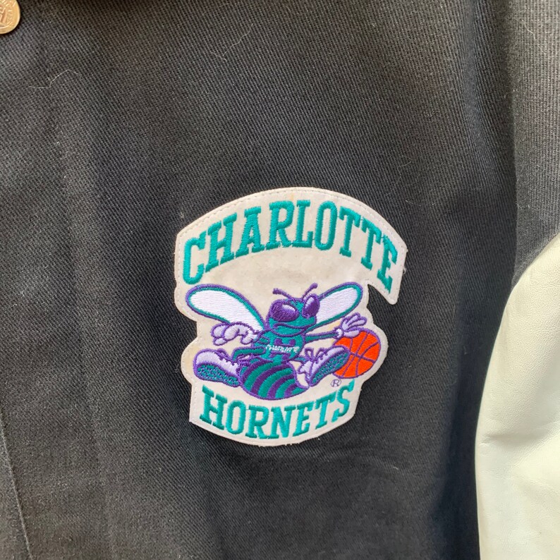 Vintage JH Designs Charlotte HORNETS Leather and Cotton Bomber Jacket Size Large Jeff Hamilton Mae in USA