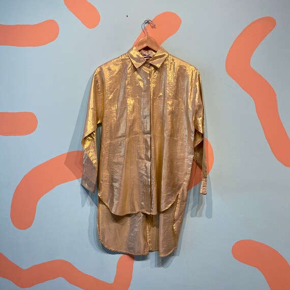 Vintage 80s Gold Metallic Long Sleeve Button Up Bl