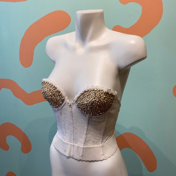 Vintage 80s Rhinestone Studded White Lace Straples