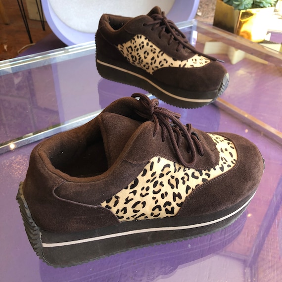 Vintage 90s Platform Brown Leopard Print Sneakers