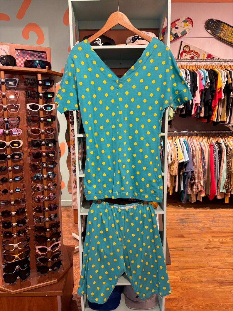 Vintage Benetton 80s Teal and Yellow Polka Dot Two Piece Shorts and T shirt Set 1980s Summer Outfit image 1