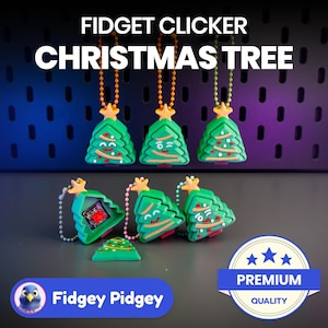 May include: A set of six green Christmas tree-shaped fidget clickers with different facial expressions. The clickers are on a chain and have a small red button on the front. The clickers are arranged in a row on a purple and blue background. The text "Fidget Clicker Christmas Tree" is at the top of the image. The text "Fidgey Pidgey" is at the bottom of the image. The text "Premium Quality" is in a blue circle with three stars at the top of the image.