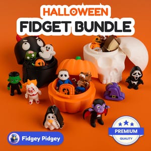 Halloween-skrivbordsset med fidget-funktion – 5/10/15 ledade klick- och minifigurer (pumpa • dödskalle • spöke) – Handgjort – Från 14 år