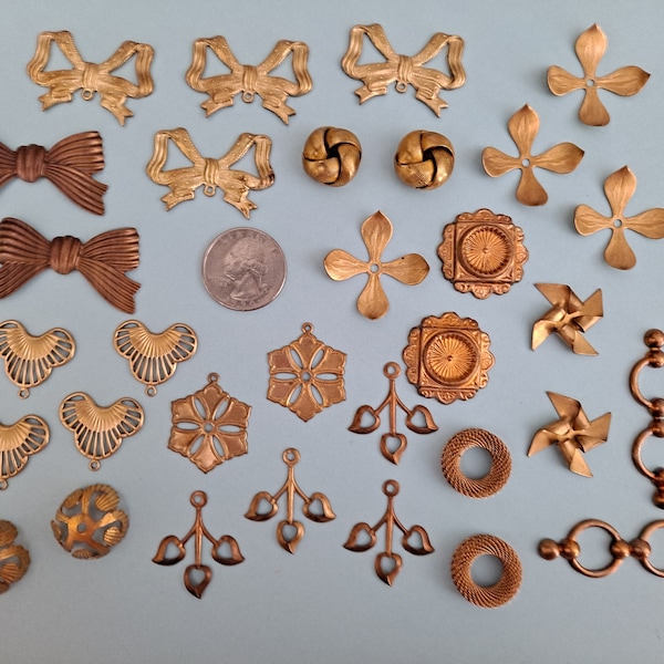 Vintage, Lot of 32 Pieces, Brass Findings, Stampings for Jewelry Making, #A32Lot