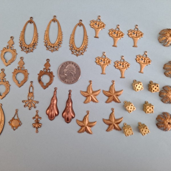 Vintage, Lot of 33 Pieces, Brass Findings, Stampings for Jewelry Making, #B33Lot