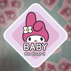 Adesivo de bebê a bordo - Adesivo para janela de carro - Placa de segurança para bebês - Adesivo inspirado em My Melody da Sanrio - Acessórios fofos para carros infantis